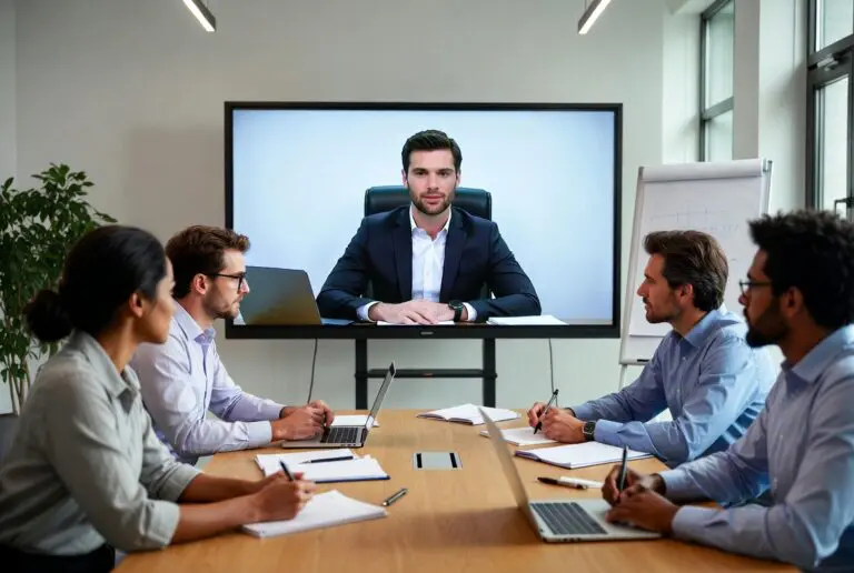 Business professionals are around a table with a businessman on a tv.