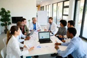 A number of businessmen at a table around a laptop.