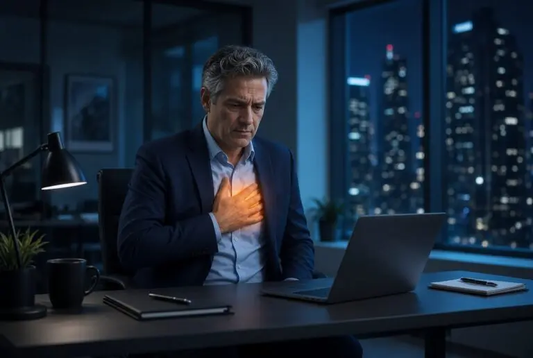 A stressed out man indicting heartburn.