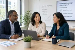 Healthcare organization leaders discussing expansion of mental health coverage