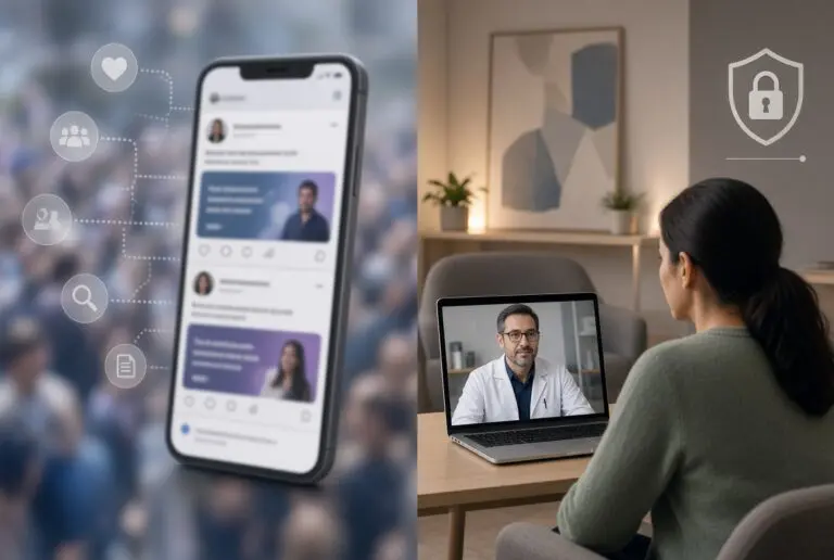 Social media scrolling on a cell phone while on a PC meeting with doctor.