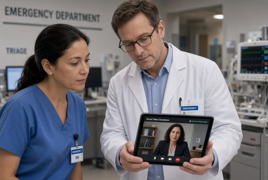 Hospital clinicians conducting a secure remote psychiatric consultation