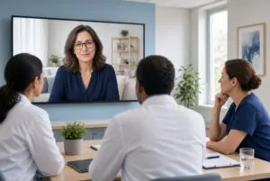 Doctors consulting with a psychiatrist on a screen.