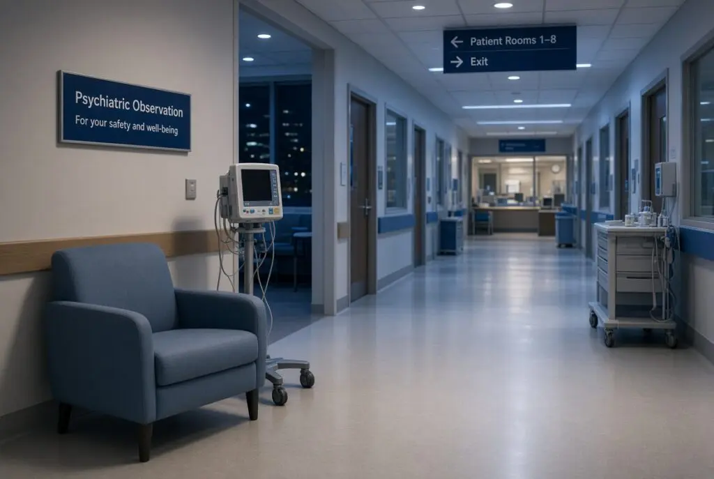 An empty psychiatry observation hallway.