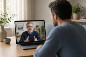 A man talking to a therapist on video on a computer.