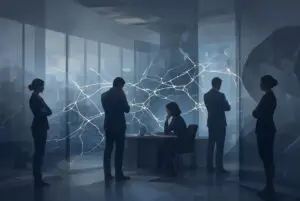 A group of coworkers standing around in a dark and somber room.