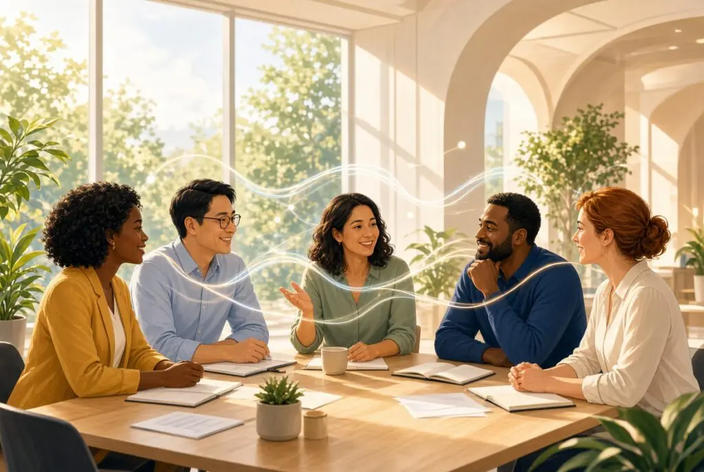 A group of colleagues talking in well lit room.