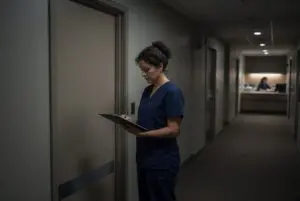 A female nurse outside of a patient room at night.