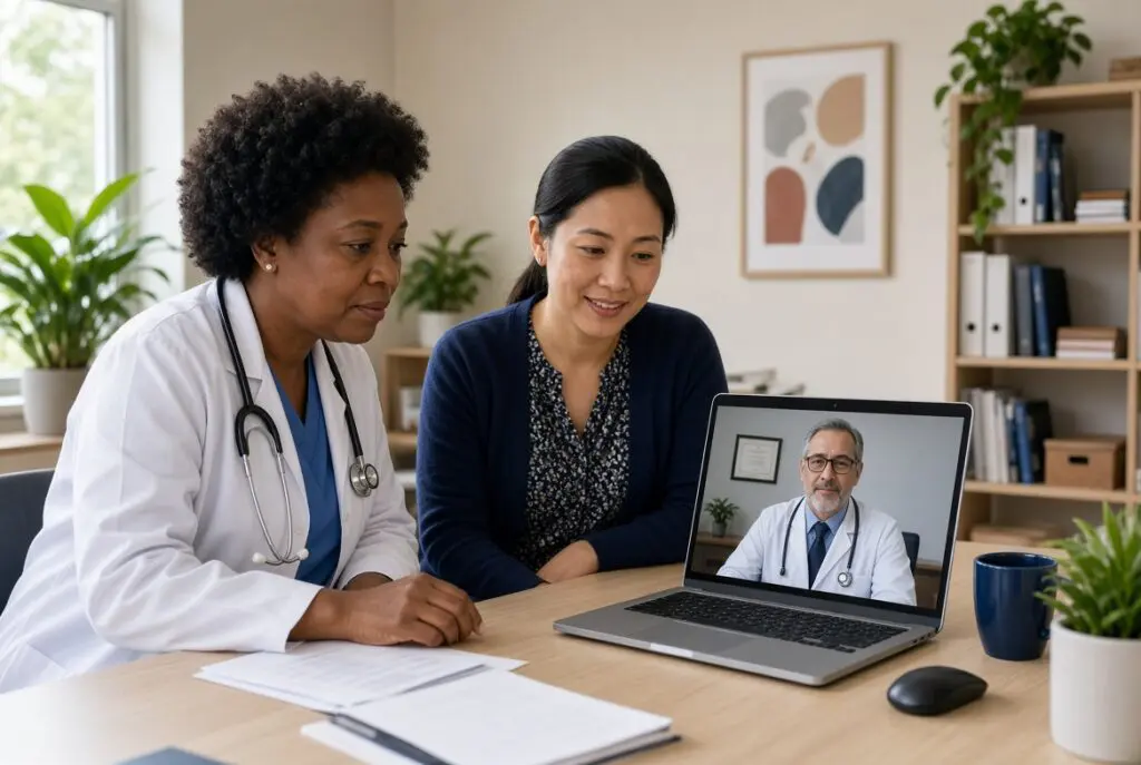 Primary care clinician and care coordinator in a community clinic on a video call with a psychiatrist.