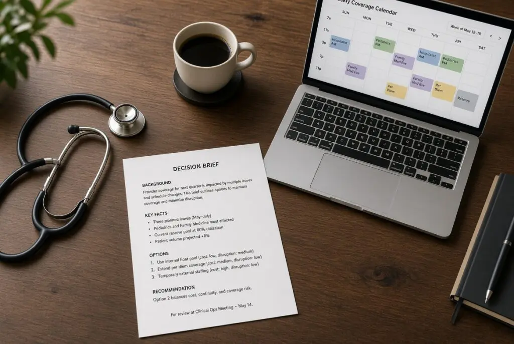 Decision brief and weekly coverage calendar on a conference table.
