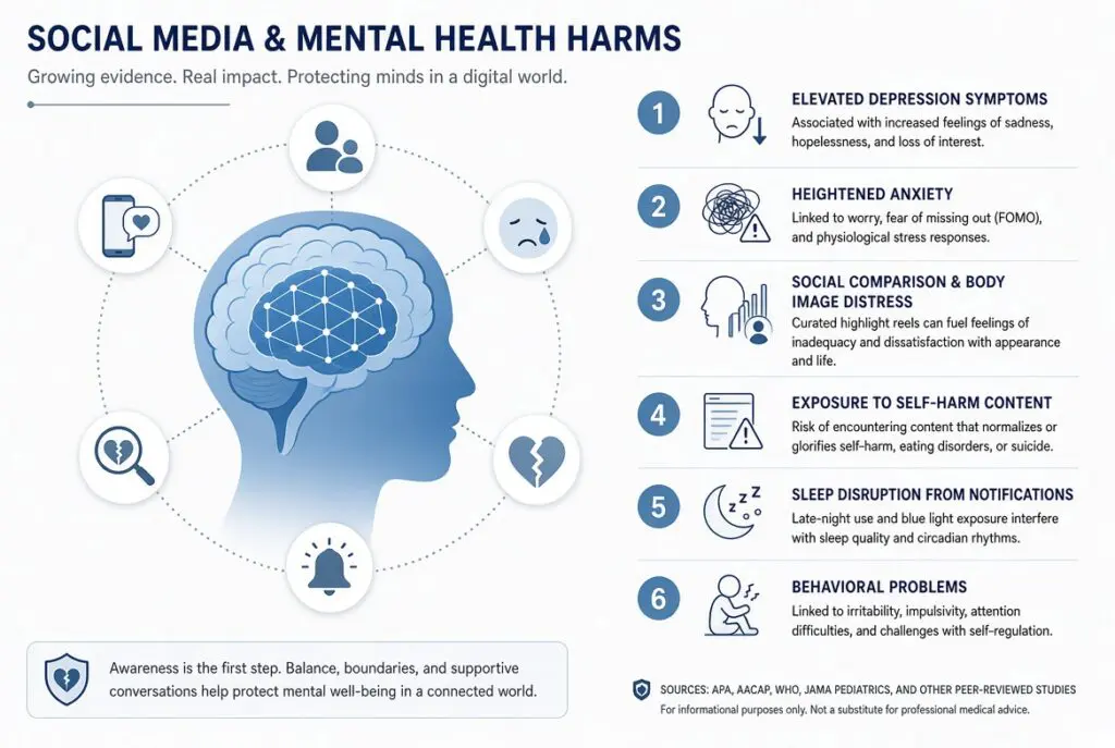 A chart listing harms of social media.