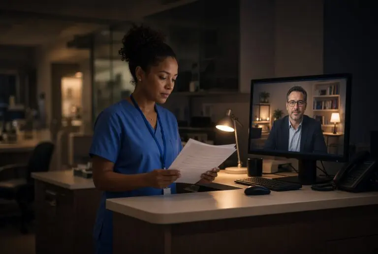 A nurse has a late night consultation with a doctor.
