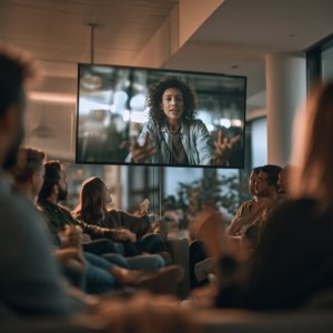A group of patients are talking to a doctor on a TV screen.