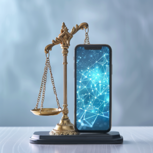 A cell phone is weighing down one side of scales of justice.