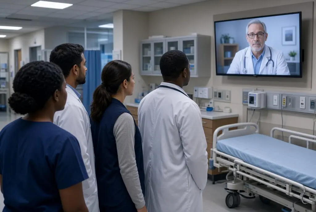 On-site hospital team joining a remote psychiatrist on a wall-mounted video consult.