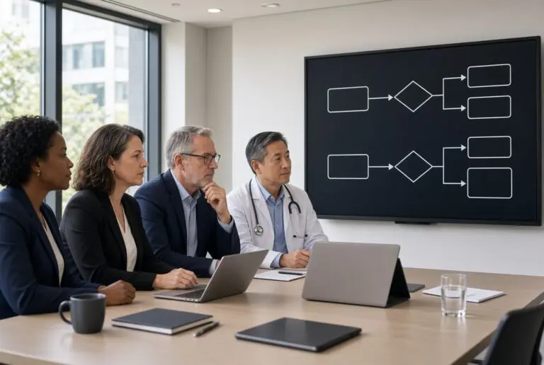Hospital administrators comparing two unlabeled care-model diagrams in a conference room.