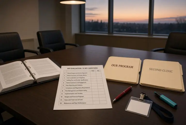 Telepsychiatry staffing RFP evaluation grid comparing our program to a second clinic