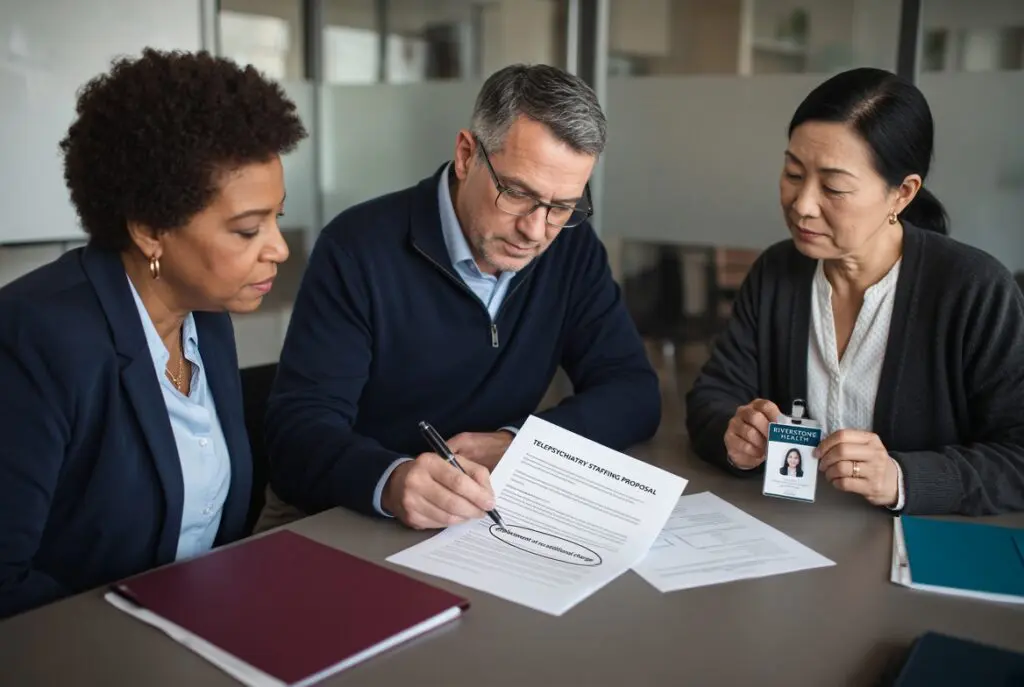 Administrators reviewing a telepsychiatry staffing proposal replacement at no additional charge
