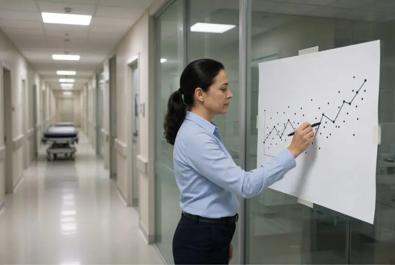 Quality analyst marking a behavioral health run chart on a hospital unit wall.
