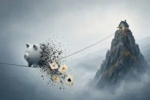Illustration of a piggy bank breaking into playing cards while a thin line leads toward a distant house.
