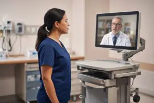 Telepsychiatry clinician documenting medical clearance for psychiatric intake on a hospital workstation.