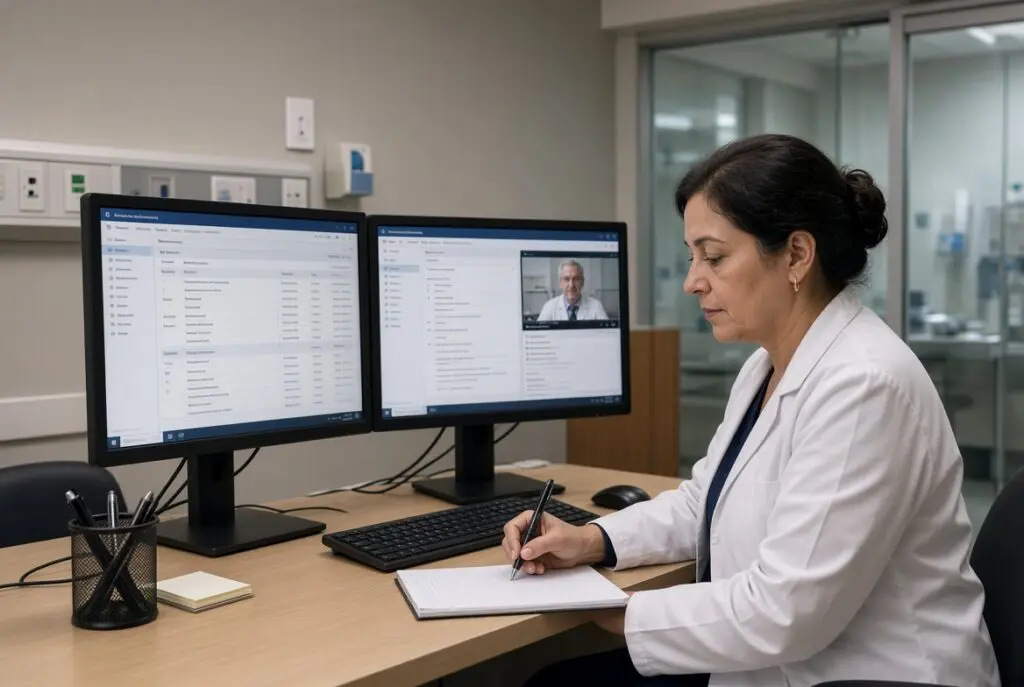 A doctor writing notes after a video call.