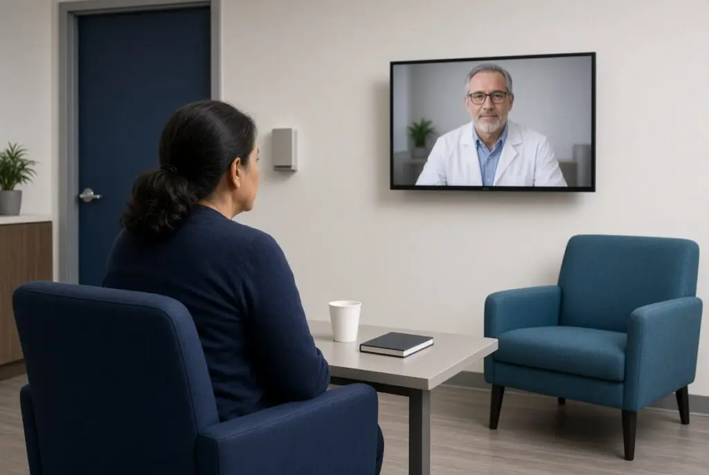 Private on-site telepsychiatry visit with the patient alone