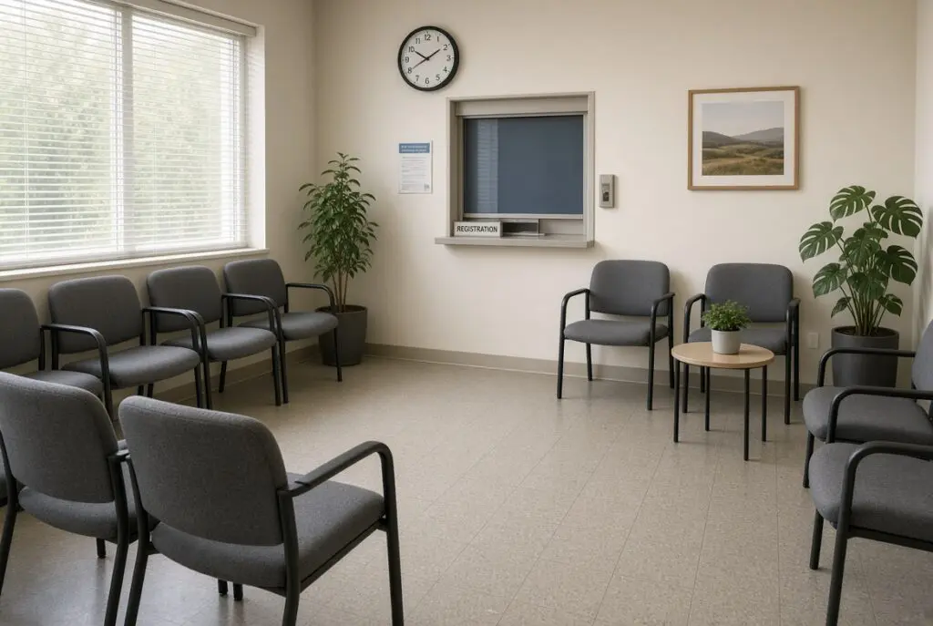 Empty community clinic waiting room with a wall clock, illustrating time-to-service.