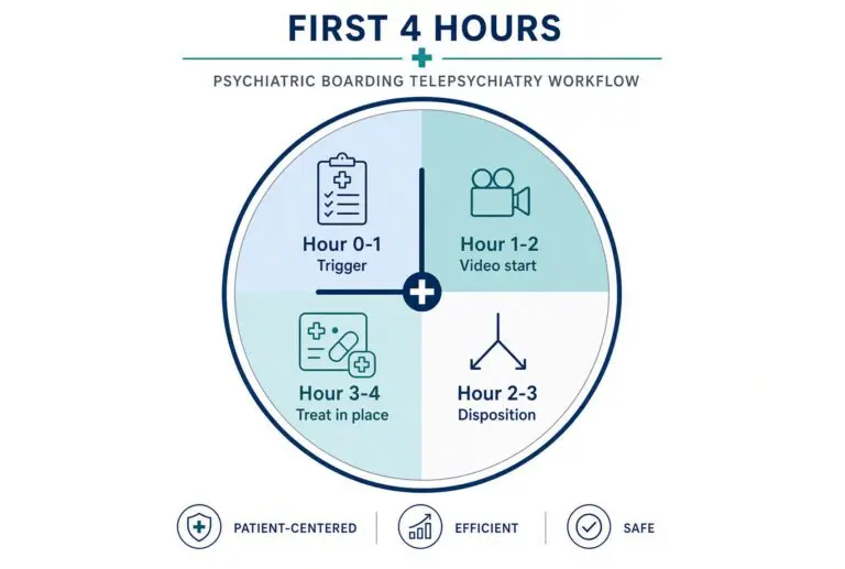 Four-hour psychiatric boarding telepsychiatry workflow from hour 0–1 through hour 3–4.