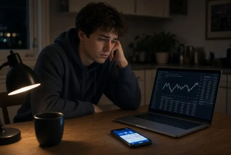 Young adult at night comparing a laptop investment screen with a phone, looking worried.