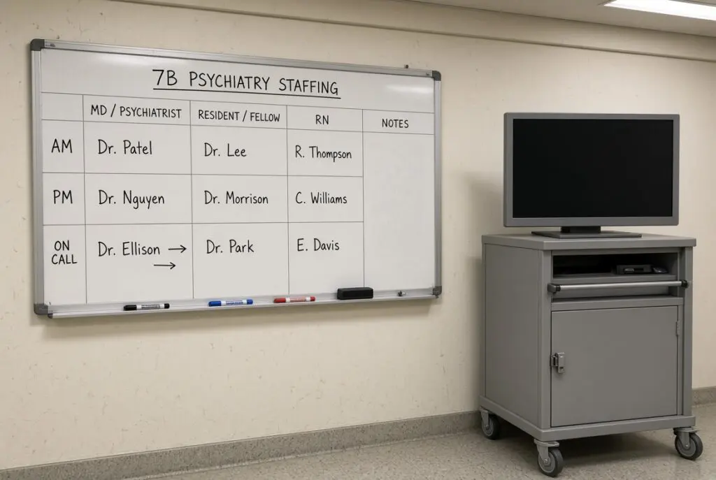 Staffing board with a new psychiatrist name next to the same video cart.