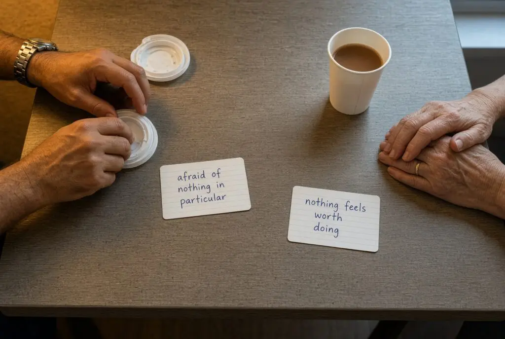 Two pairs of hands at an intake table — restless scanning versus stalled stillness — with the two complaint cards between them.