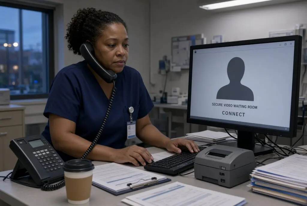 Nurse starting a HIPAA-compliant FasPsych telepsychiatry video visit when the unit psychiatrist cannot work.