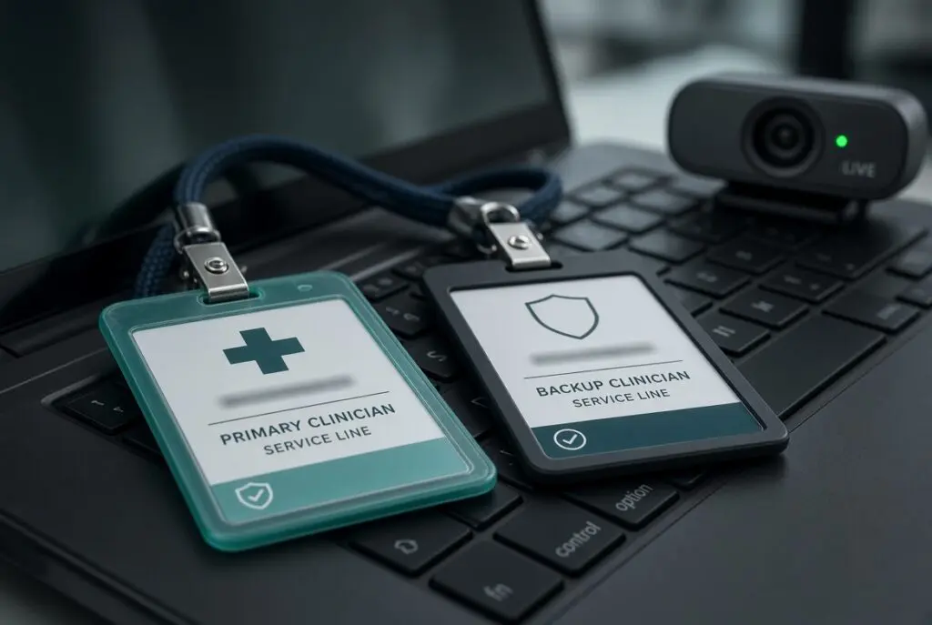 Primary and backup clinician credentials beside a live webcam for backup psychiatrist coverage.