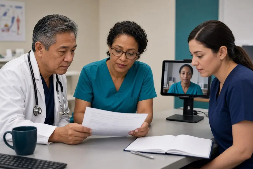 Primary-care team reviewing a chart with a psychiatrist joining by video
