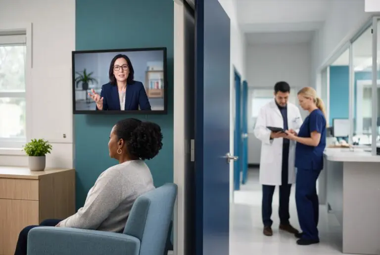 Patient in a primary-care room on a video visit with a psychiatrist while clinic staff confer nearby