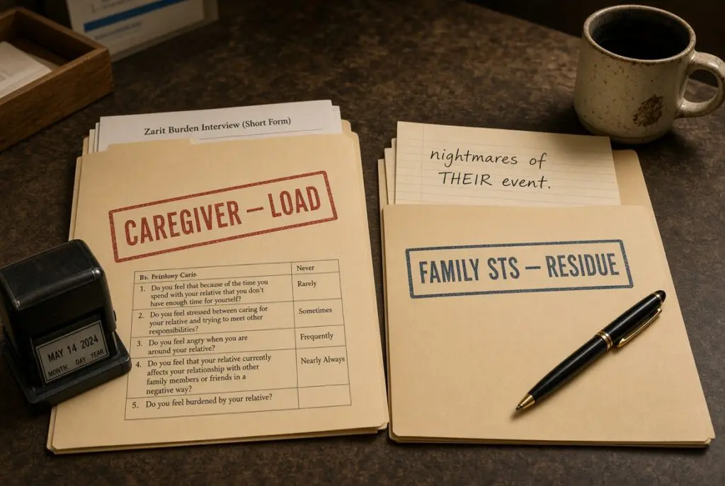 Two intake folders labeled Caregiver burden and Secondary trauma on a clinic counter