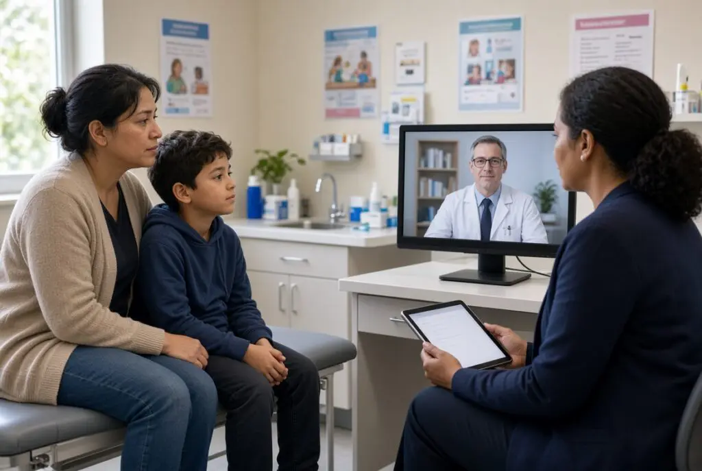 Child-and-adolescent telepsychiatry visit with a qualified interpreter and a parent present as family