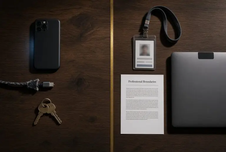 Personal phone and clinic badge divided by a gold line on a desk