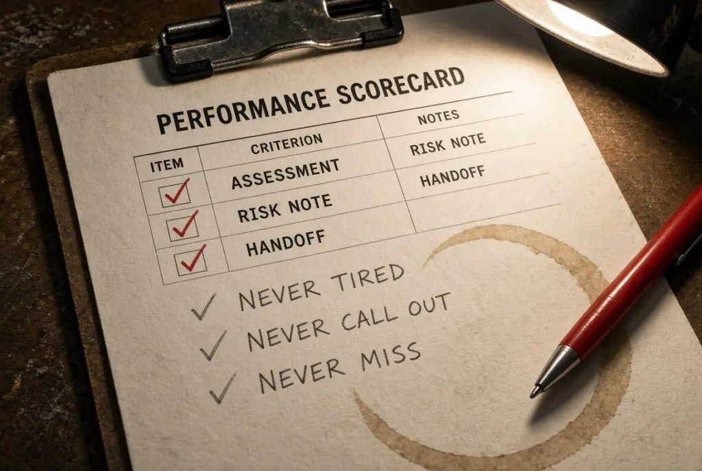 Clipboard scorecard with completed clinical tasks and handwritten extra rows reading never tired, never call out, and never miss