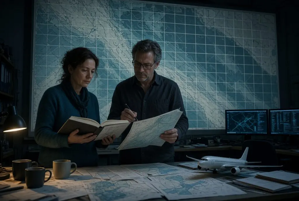 Two researchers study an ocean search grid and an open technical book in a dim operations room, with empty map squares and a model airliner on the table.