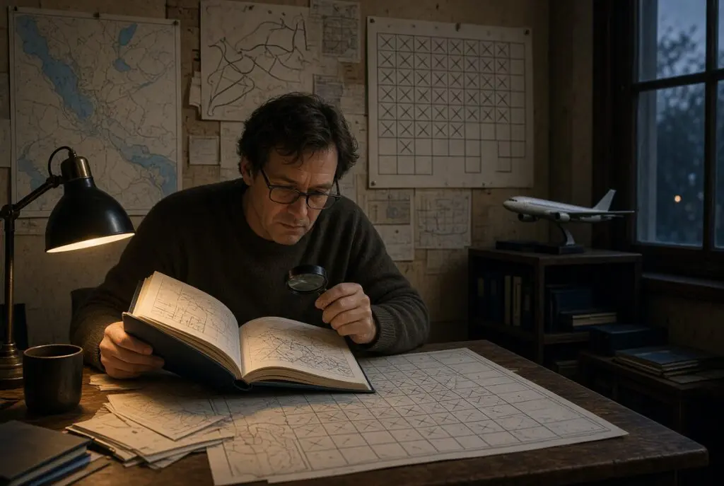 An investigator sits at a desk with a magnifying glass and an open reference book, in front of wall maps and a search grid with empty squares crossed off.
