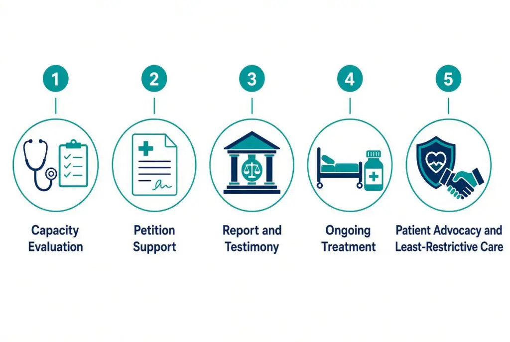 Infographic of five psychiatrist roles in adult conservatorship and guardianship