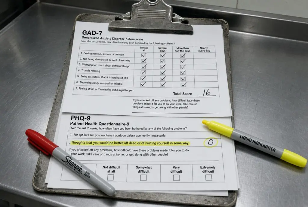 Paper GAD-7 and PHQ-9 on a metal clipboard with item 9 highlighted, photographed on a med-room counter.