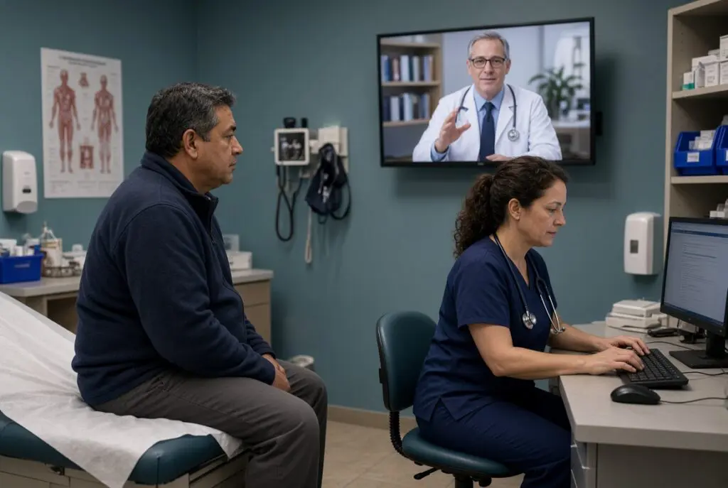 On-site nurse and patient in a clinic exam room during a telepsychiatry visit