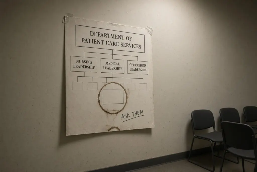 Taped hospital org chart with titled leadership boxes above an unlabeled square circled in coffee stains and marked ask them