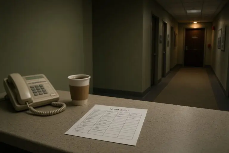 Unmarked hospital desk with a census sheet, analog phone, and cold coffee in an empty hallway, showing invisible competence that keeps a unit running without a title