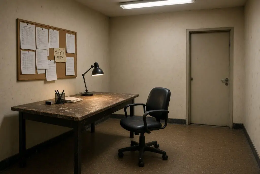 Unmarked staff workroom with a scarred table, empty chair, untitled door, and a corkboard scrap that reads they will know