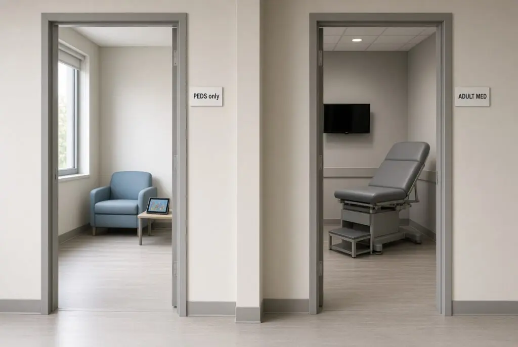Pediatric and adult exam rooms showing why matching telepsychiatrist to setting matters before go-live.