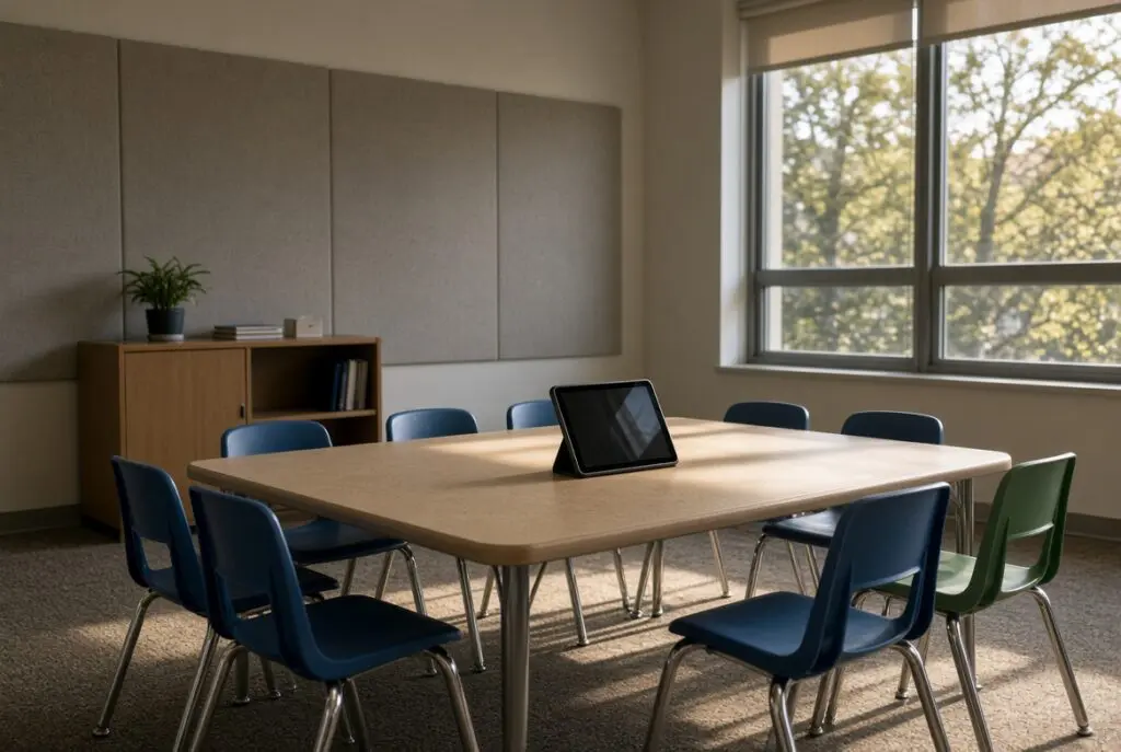 School meeting room ready for child and adolescent telepsychiatry staffing by secure video.